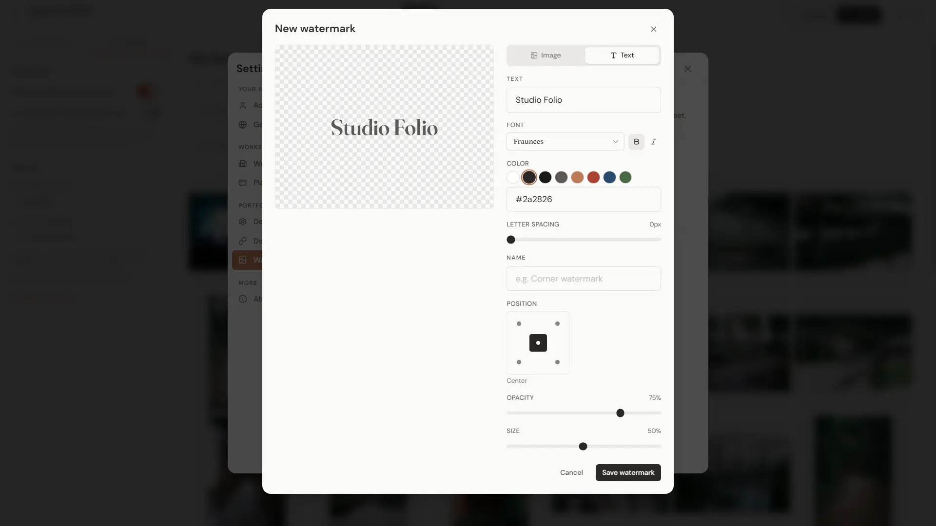 Watermark settings in Folio
